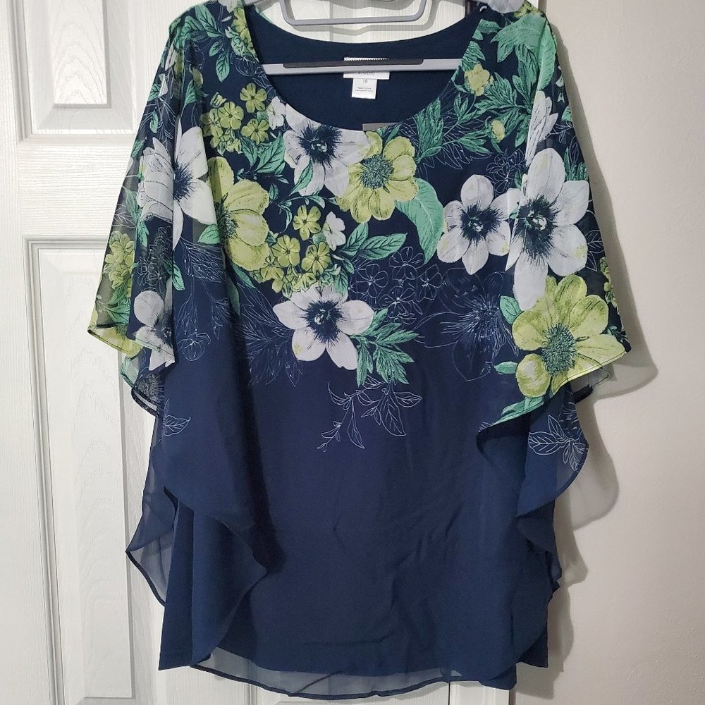 Blue and Green Floral Poncho Blouse